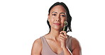 Dermatology, jade roller and face of woman in studio, facial massage or wrinkle prevention for smooth skin. Anti aging, self care or mature person with skincare tool, mockup space or white background