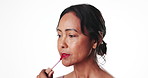 Face, beauty or woman apply red lipstick makeup, anti aging or smile on white background space. Product, lip cosmetics or mature model with transformation, aesthetic or change with makeover in studio