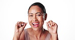 Face, woman and floss teeth in studio to remove plaque, healthy gums and hygiene for fresh breath. Portrait, mature person and dental string for oral wellness, cleaning mouth and white background