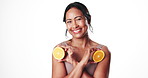 Wellness, orange and face of woman in studio with natural, skincare and beauty facial routine. Happy, vitamin c and portrait of mature person with citrus fruit for dermatology by white background.