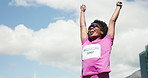 Running, winner and black woman celebrate for marathon achievement, finish and workout goals. Happy, excited and person outdoor with ribbon for exercise milestone, competition and success for race
