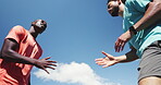 Fitness, personal trainer or men talk for running tips, motivation or instructions for speed training. Practice, below or people with teamwork for workout, advice or guide client for outdoor exercise