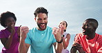 Fitness, people and celebration applause outdoor for workout goals, training progress or motivation. Team energy, running club and clapping for exercise performance, achievement and wellness support