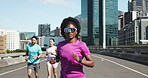 Fitness, woman and people with running in city for marathon practice, pace training and endurance. Cardio club, group and workout on urban bridge for sports performance, race exercise and morning jog