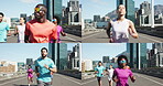 Bridge, fitness and series with runner people outdoor for cardio, challenge or marathon training. Collage, exercise and running club with athletes on city street for improvement or performance