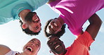Circle, fitness and group of athletes outdoor for running, workout or bonding together by blue sky. Happy, sports and team of people laughing for cardio exercise, health or training from below.