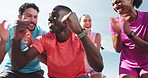 Low angle, celebration and people with exercise, fist pump and applause with achievement. Clapping, diversity or healthy men with happy women, cheering or challenge with workout, winner and support