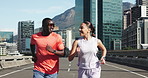 Fitness, team or people on bridge with running, exercise or support in cardio workout. Energy, wellness challenge or personal trainer in city with jog, together or marathon motivation for sports goal