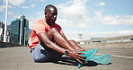 Athlete, black man and tying shoes on bridge for getting ready, fitness preparation and exercise. Male person, lace and footwear for sports training, runner safety and marathon practice for challenge