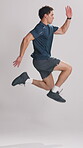 Personal trainer, athlete or jump in studio for workout video, exercise demonstration or cardio. Fitness influencer, active or man with challenge for tutorial, white background and energy performance