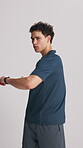 Fitness, face or man in studio with stretch torso, muscle preparation or exercise in body activity. Sport, joint or athlete on white background with sway, workout or injury prevention in warm up.