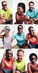 Fitness, face and series of people in studio with workout confidence, exercise energy or break. Sunglasses, group of athletes and happy with celebration on white background for training and montage