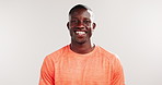Fitness, face and man with smile in studio for workout confidence, exercise break and progress. Mockup space, black person and happy on white background for personal trainer, wellness and development