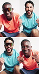 Men, fitness and face in studio, collage and together for emoji, celebration or pride on white background. People, portrait and sunglasses with confidence for exercise, wellness or smile with gesture