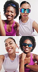 Women, fitness and face in studio, collage and together for emoji, peace sign or pride on white background. Girl, portrait and sunglasses with confidence for exercise, wink and smile with gesture