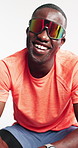 Face, fitness and black man in studio, sunglasses and exercise on white background. African person, shades and athlete with futuristic eyewear, workout and training with happiness, sports and healthy