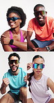 Friends, fitness and face in studio, collage or peace sign for emoji, celebration or smile on white background. Women, men and sunglasses in portrait with confidence, exercise or happy with fist pump