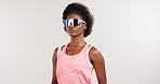 Fitness, stretching and black woman in studio with sunglasses for workout, training and exercise. Mockup space, sports and person with warm up for wellness, health and wellbeing on white background