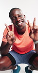 Face, peace sign and black man in studio, fitness and confidence on white background. African person, hand gesture and athlete with pride, workout and healthy with training, wellness and smile