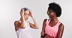 Fitness, friends and women in studio with sunglasses for workout, training and exercise. Mockup space, fashion and happy people with sports gear for wellness, health and bonding on white background