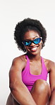 Face, fitness and black woman, peace sign, smile and sunglasses on white studio background. African person, fashion or athlete with futuristic eyewear, workout or training with gesture or healthy
