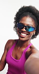 Selfie, fitness and black woman in studio, sunglasses and wellness with photography on white background. Funny, profile picture and person with workout, content creation and influencer with shades