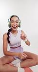 Face, dancing or woman in studio, fitness or wellness with headphones on white background. Happy, sound or healthy person with audio, album playlist or radio with exercise, song or listening to music