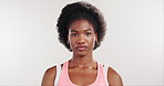 Serious face, workout and black woman in studio, health and confidence on white background. Space, athlete and African person with wellness, fitness and challenge with training, pride and sports