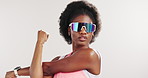 Face, stretching and black woman in studio, sunglasses and exercise on white background. African person, shades and athlete with fashion, workout and training with eyewear, cyberpunk and healthy