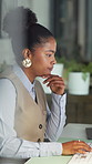 Computer, stress and thinking with business black woman in office at night for report or review. Keyboard, pc and problem solving with African employee in dark workplace for agenda or research