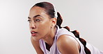 Breathe, thinking and face of woman in studio for exercise, workout and training on white background. Sports, mockup space and person with fatigue, sweat and recovery for wellness, fitness and health