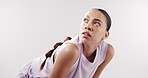 Breathe, thinking and woman in studio rest for exercise, workout and training on white background. Sports, mockup space and person with fatigue, sweat and recovery for wellness, fitness and health