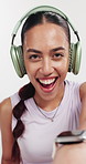 Woman, face and dance with headphones in studio with fitness, smile and excited on white background. Person, happy and portrait with audio, streaming subscription and listen to music in Colombia