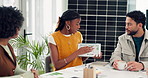 Business people, meeting and tablet screen with solar panel for renewable energy presentation. Group, employees or team with technology display or project for alternative power or sustainable future