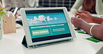 Environment, business or people in office with tablet screen, energy security or meeting for wind project. Sustainability, team or employee in agency with tech, support or growth in eco friendly plan