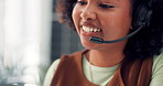 Headset, smile and support with woman in solar energy call center for feedback or problem solving. Communication, customer service and photovoltaic solution with happy employee in workplace for help