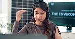 Explain, headset and laptop with woman in solar energy call center for feedback or support. Communication, consulting and customer service with Indian employee at work for photovoltaic solution