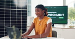 Laptop, reading and typing with business black woman in solar energy workplace for research. Computer, planning and sustainability with African employee in office for photovoltaic development