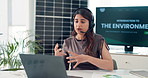 Feedback, headset and laptop with woman in solar energy call center for problem solving support. Communication, computer and customer service with Indian employee at work for photovoltaic solution
