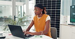 Black woman, typing and research in office with laptop, sustainability report and recycling policy. Person, computer and planning for environmental compliance, risk management and ESG administration.