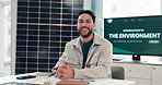 Office, environmental business and face of man with smile for eco friendly project, sustainability and career. Startup, happy and portrait of person for clean energy, renewable power and presentation