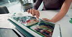 Environment, hands and tablet screen with business woman at desk in office for conservation. App, choice and scrolling with employee in eco friendly workplace for climate change or sustainability
