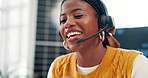 Headset, smile and support with black woman in solar energy call center for problem solving. Communication, customer service and photovoltaic feedback with happy African employee at work for help