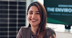 Office, environmental business and face of woman with smile for eco friendly project, sustainability and career. Startup, happy and portrait of person for clean energy, renewable power or about us