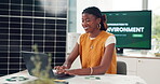 Laptop, laughing and typing with business black woman in solar energy workplace for planning. Computer, research and sustainability with funny African employee in office for photovoltaic development