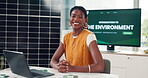 Face, laptop and smile of business black woman in solar energy workplace for planning or research. Computer, development and sustainability with happy African person in office for photovoltaic power