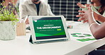 Environment, business or people in office with tablet screen, energy security or meeting for green project. Sustainability, team or employee in agency with tech, pitch or solution in carbon footprint
