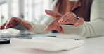 Typing, laptop and hands of person with calculator for accountant, math and online report. Tech, office and employee with balance for budget, proposal or administration with project management
