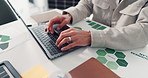 Laptop, documents and hands of businessperson in office with research for finance report with budget. Technology, paperwork and financial advisor typing with email communication for investment.