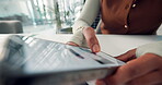 Hands, phone and scrolling with business woman at desk in office for connection or research. Information, reading and screen with employee person closeup in workplace for mobile website review